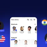 Phone voice library showing diverse narrator profiles and country flags
