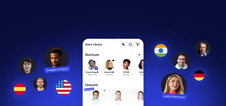 Phone voice library showing diverse narrator profiles and country flags