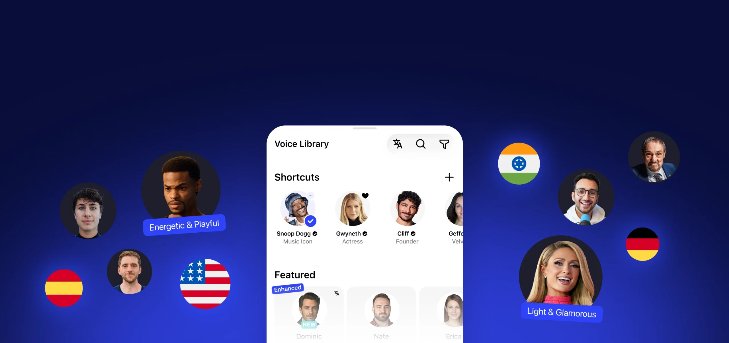 Phone voice library showing diverse narrator profiles and country flags